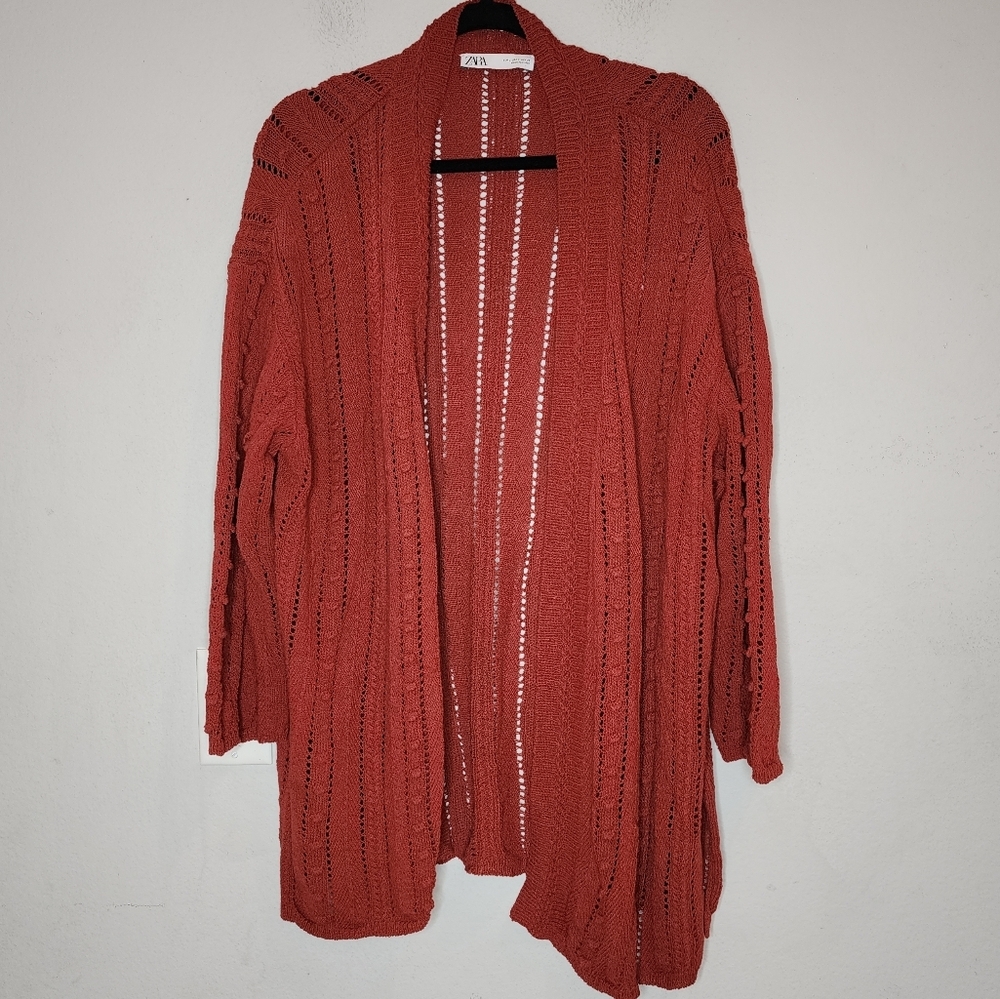 Zara Rust Textured Knit Open Front Cardigan Womens Size Large‎